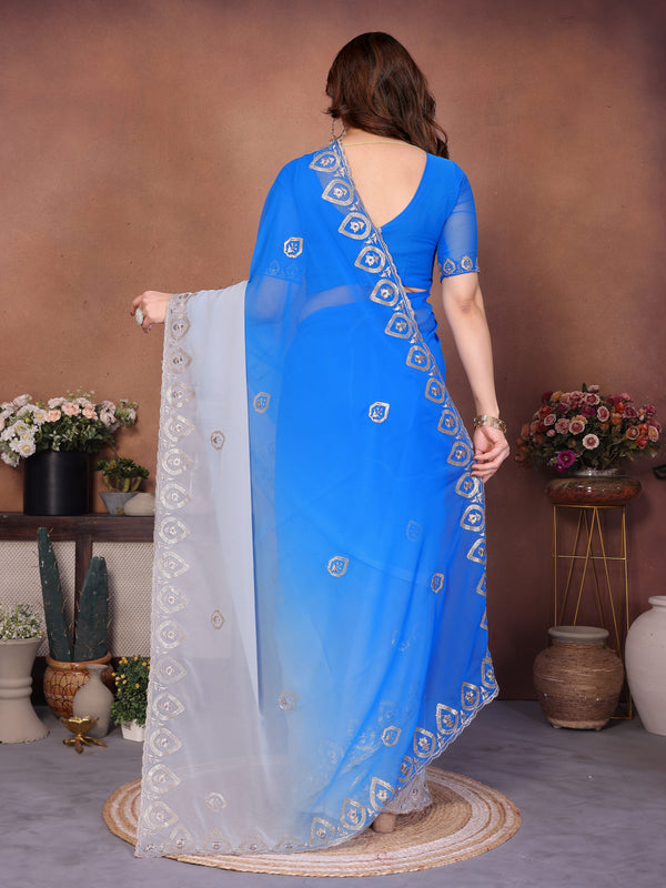 Blue Grey Georgette Embroidered Designer Saree