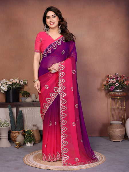 Magenta Georgette Embroidered Designer Party Saree