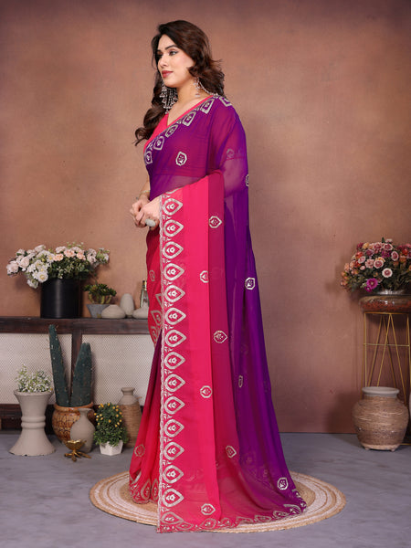 Magenta Georgette Embroidered Designer Party Saree