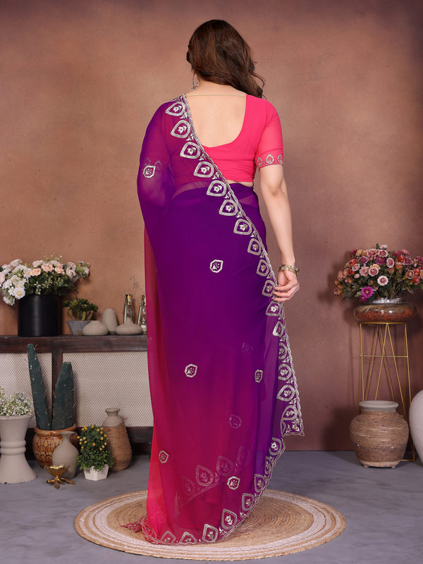 Magenta Georgette Embroidered Designer Party Saree