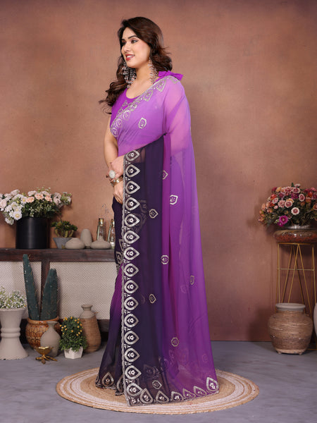 Purple Georgette Embroidered Designer Party Saree