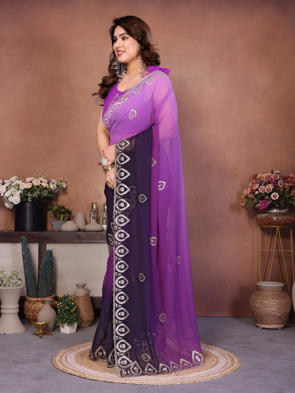 Purple Georgette Embroidered Designer Party Saree