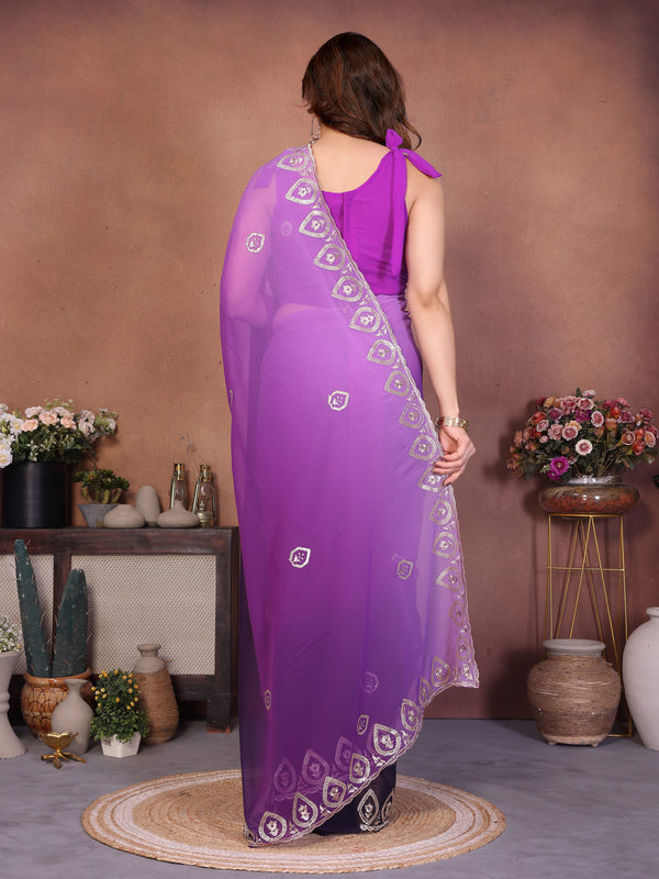 Purple Georgette Embroidered Designer Party Saree