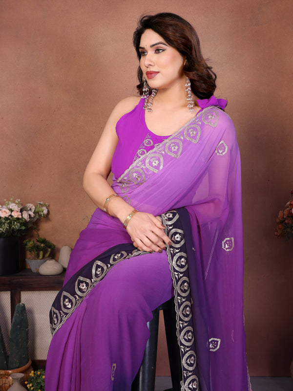 Purple Georgette Embroidered Designer Party Saree