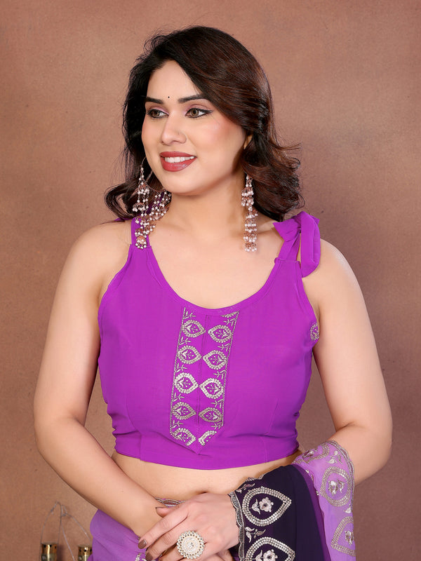 Purple Georgette Embroidered Designer Party Saree