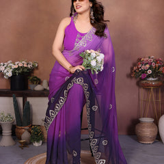 Purple Georgette Embroidered Designer Party Saree