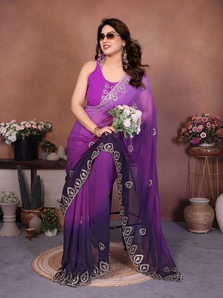 Purple Georgette Embroidered Designer Party Saree