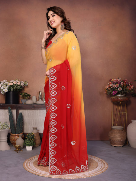 Red Georgette Embroidered Designer Party Saree