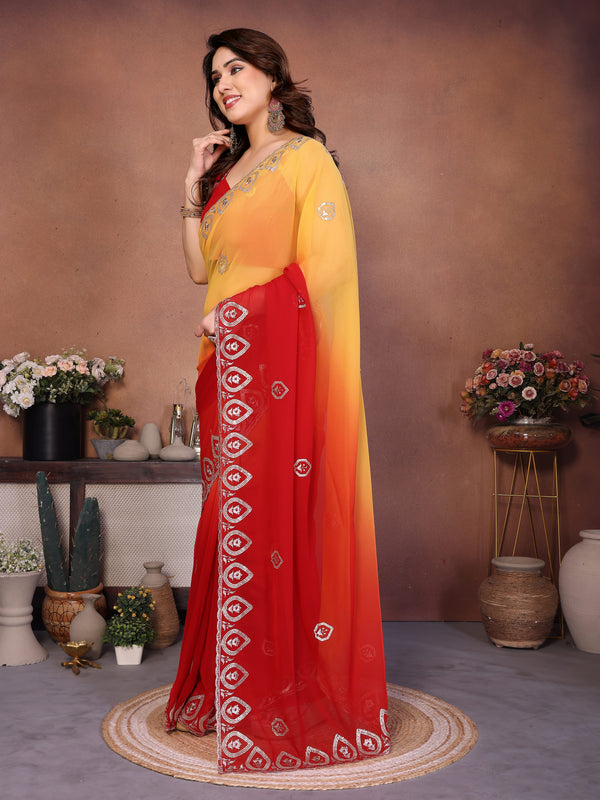 Red Georgette Embroidered Designer Party Saree