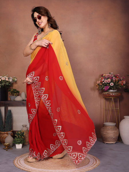Red Georgette Embroidered Designer Party Saree