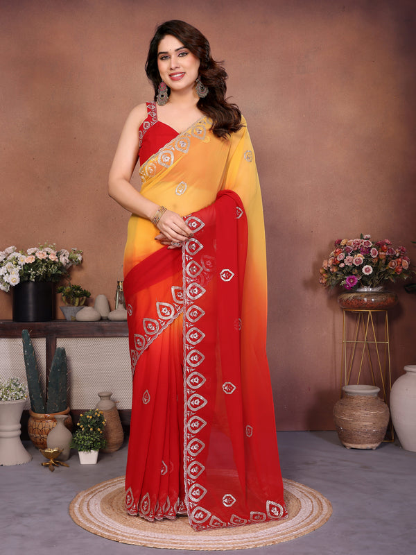 Red Georgette Embroidered Designer Party Saree