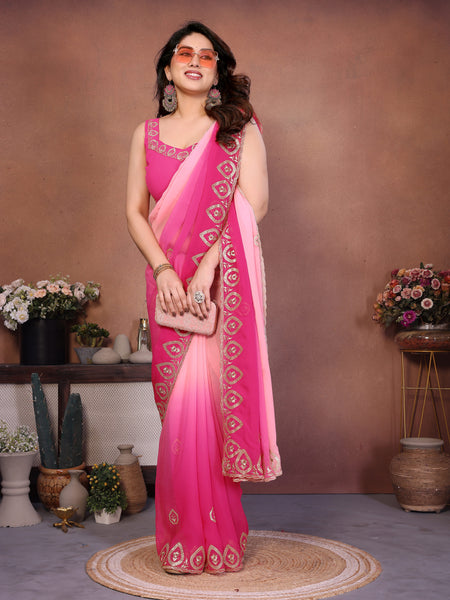 Rose Pink Georgette Embroidered Designer Saree