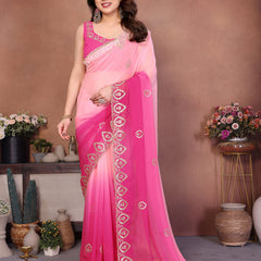 Rose Pink Georgette Embroidered Designer Saree