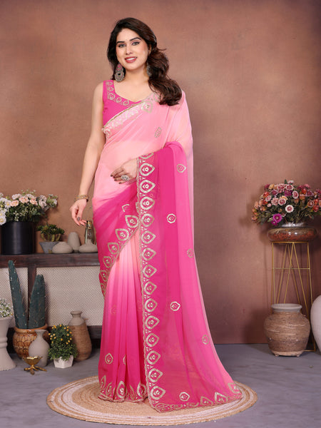 Rose Pink Georgette Embroidered Designer Saree