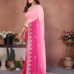 Rose Pink Georgette Embroidered Designer Saree