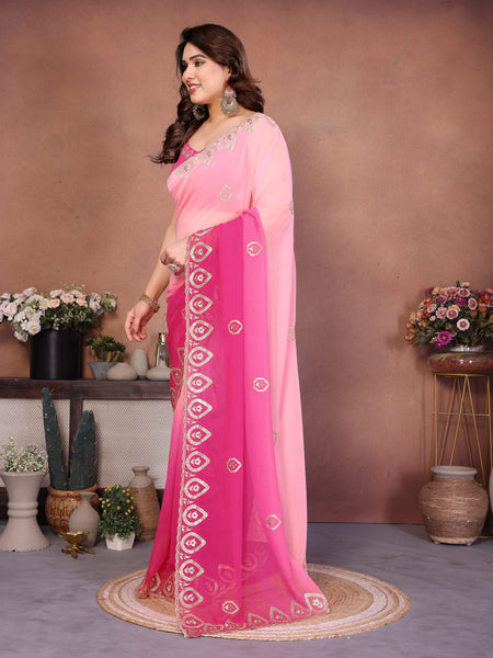 Rose Pink Georgette Embroidered Designer Saree