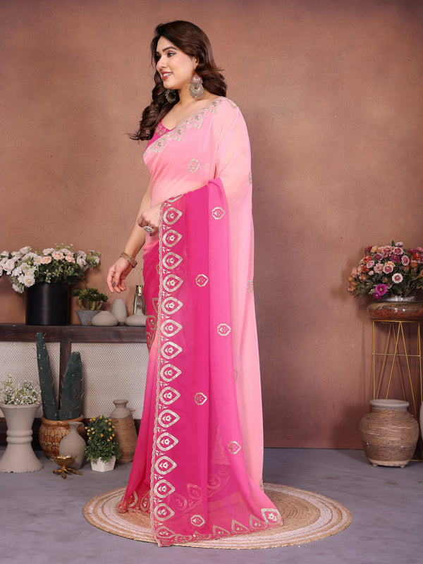 Rose Pink Georgette Embroidered Designer Saree