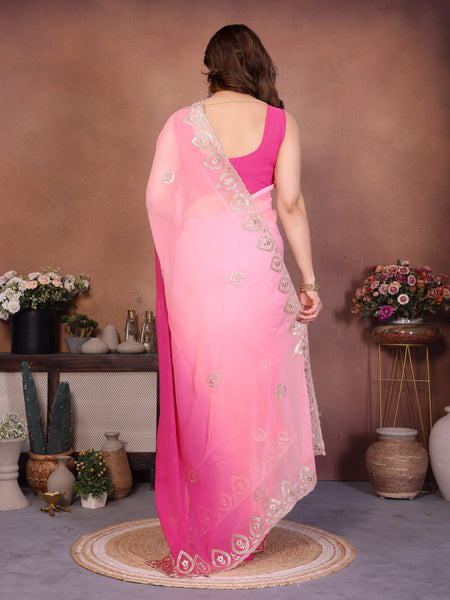 Rose Pink Georgette Embroidered Designer Saree