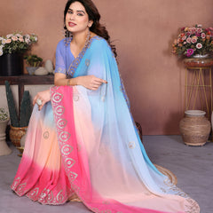 Sky Pink Georgette Embroidered Designer Saree