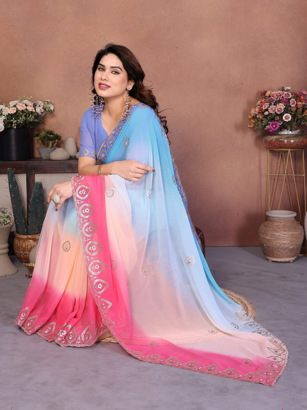 Sky Pink Georgette Embroidered Designer Saree