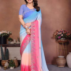 Sky Pink Georgette Embroidered Designer Saree
