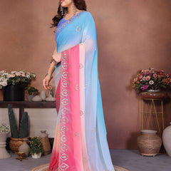 Sky Pink Georgette Embroidered Designer Saree