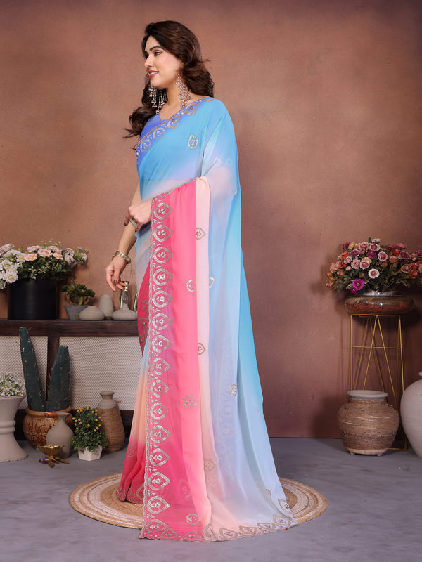 Sky Pink Georgette Embroidered Designer Saree