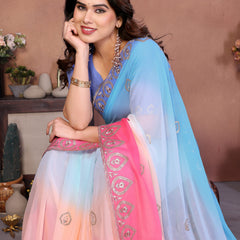 Sky Pink Georgette Embroidered Designer Saree