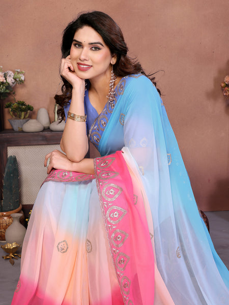 Sky Pink Georgette Embroidered Designer Saree