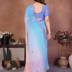Sky Pink Georgette Embroidered Designer Saree