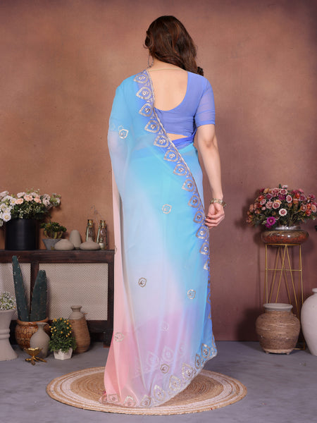 Sky Pink Georgette Embroidered Designer Saree