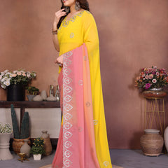 Yellow Peach Georgette Embroidered Designer Saree
