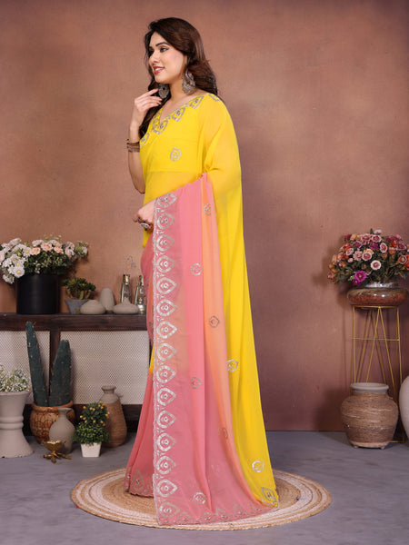Yellow Peach Georgette Embroidered Designer Saree