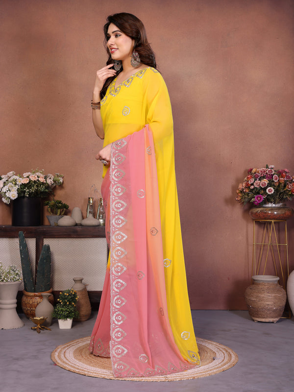 Yellow Peach Georgette Embroidered Designer Saree