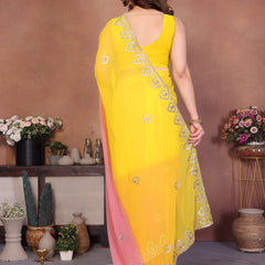 Yellow Peach Georgette Embroidered Designer Saree