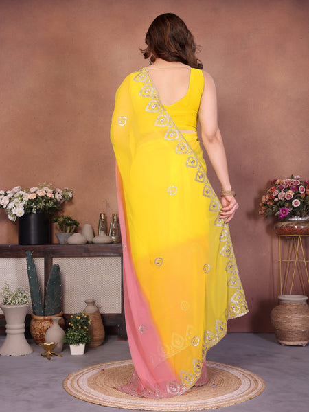 Yellow Peach Georgette Embroidered Designer Saree