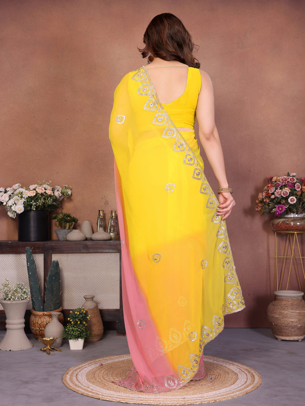 Yellow Peach Georgette Embroidered Designer Saree