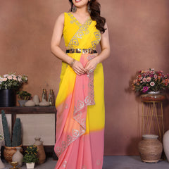 Yellow Peach Georgette Embroidered Designer Saree