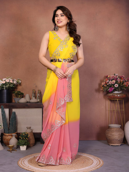 Yellow Peach Georgette Embroidered Designer Saree