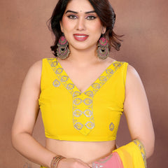 Yellow Peach Georgette Embroidered Designer Saree