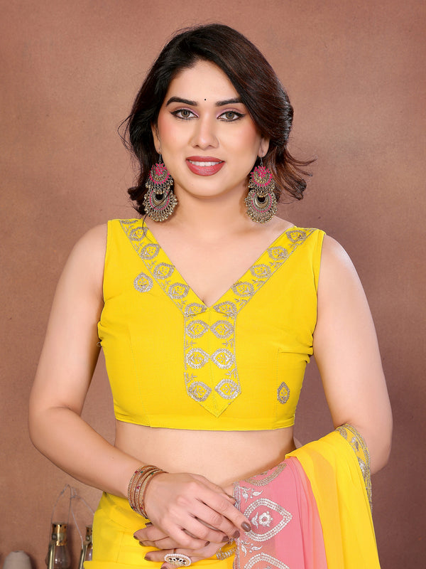 Yellow Peach Georgette Embroidered Designer Saree