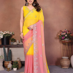 Yellow Peach Georgette Embroidered Designer Saree