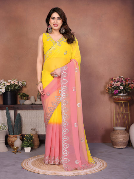 Yellow Peach Georgette Embroidered Designer Saree