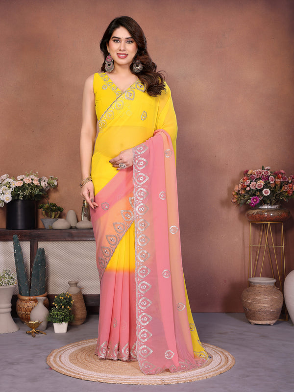 Yellow Peach Georgette Embroidered Designer Saree