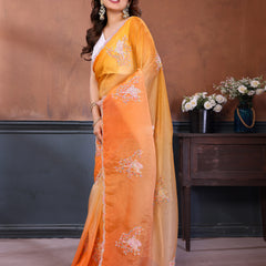 Orange Yellow Gold Crush Embroidered Designer Saree