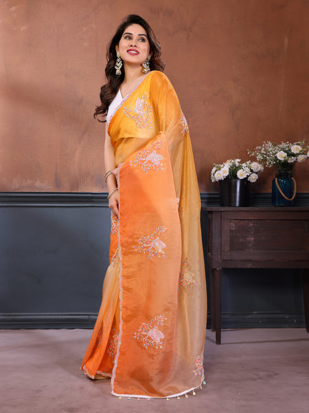 Orange Yellow Gold Crush Embroidered Designer Saree