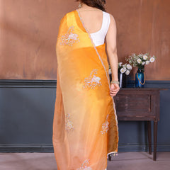 Orange Yellow Gold Crush Embroidered Designer Saree