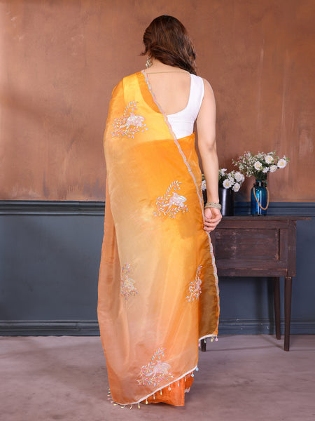 Orange Yellow Gold Crush Embroidered Designer Saree