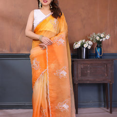 Orange Yellow Gold Crush Embroidered Designer Saree