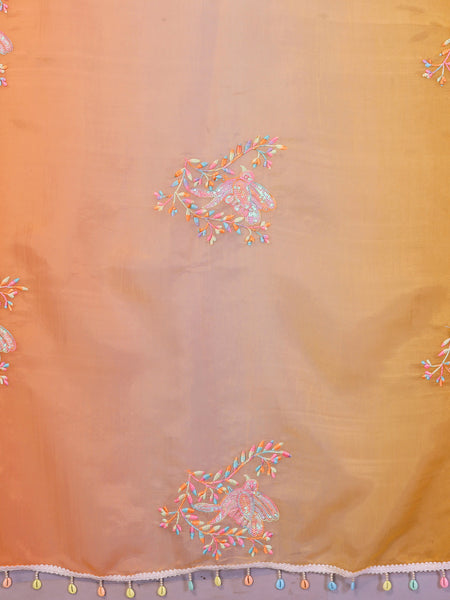 Orange Yellow Gold Crush Embroidered Designer Saree